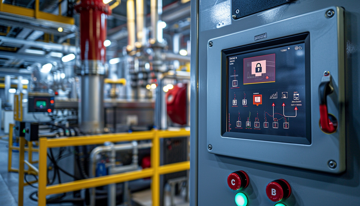 Close-up van een industrieel controlepaneel in een moderne fabriek, met een waarschuwingsicoon en een slot op het scherm als symbool voor cyberdreigingen in OT-omgevingen